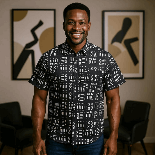 Men's African Black-White Mud Print Short Sleeve Button Down Shirt