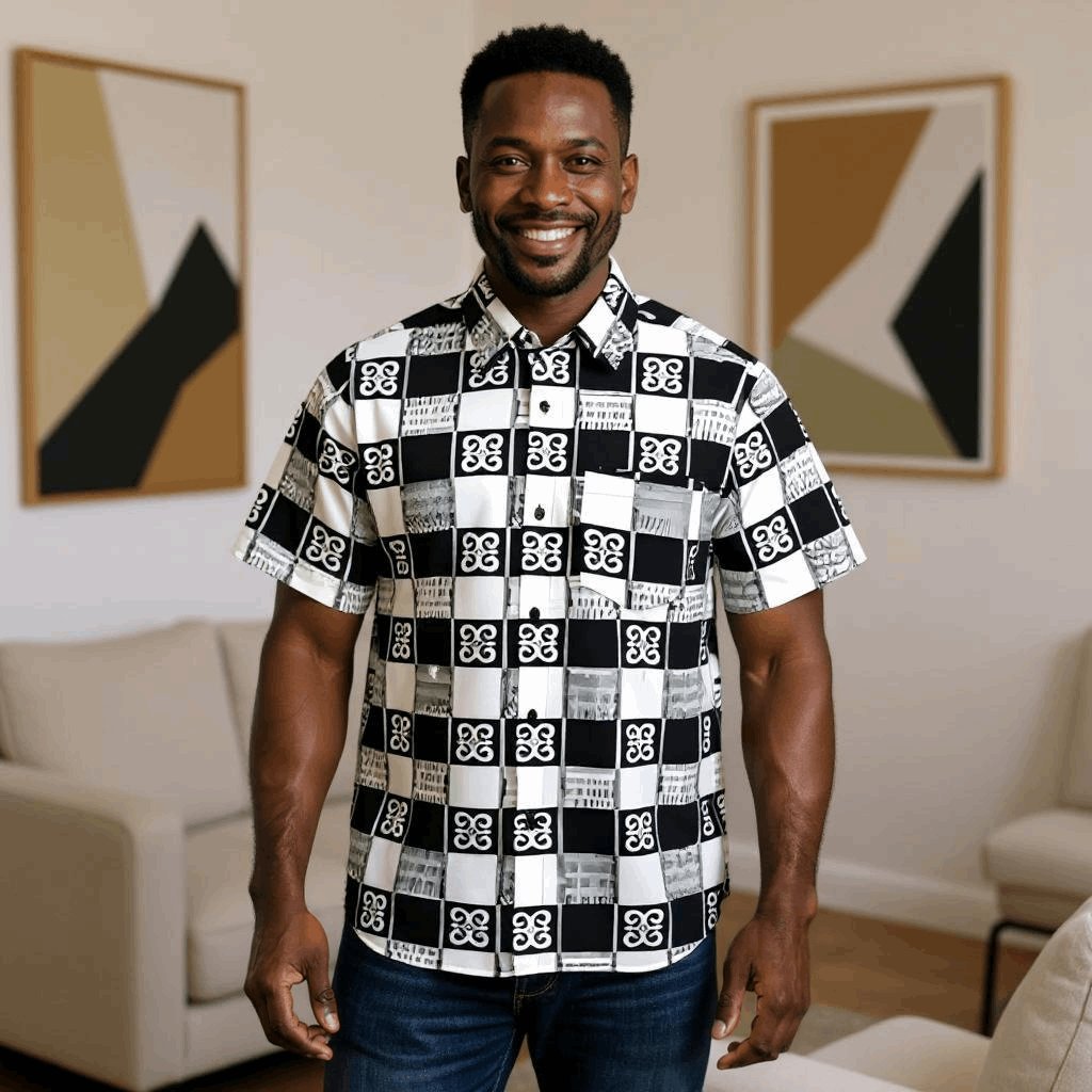 Men's African White-Black Print Short Sleeve Button Down Shirt