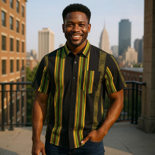 Men's African Black-Green Kente Print Short Sleeve Button Down Shirt