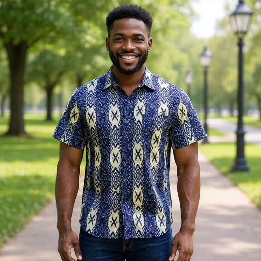 Men's Navy Blue/Cream X Print Short Sleeve Button Down Shirt (M)