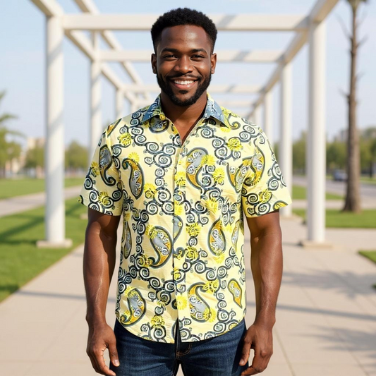 Men's Orange/Blue/Olive Print Short Sleeve Button Down Shirt (XL)