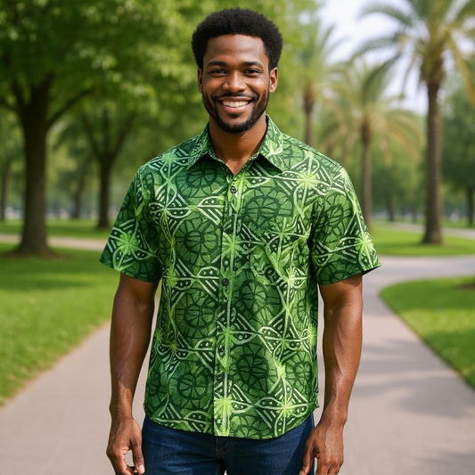 Men's Green Multi-Tone/Black Print Short Sleeve Button Down Shirt (3X)