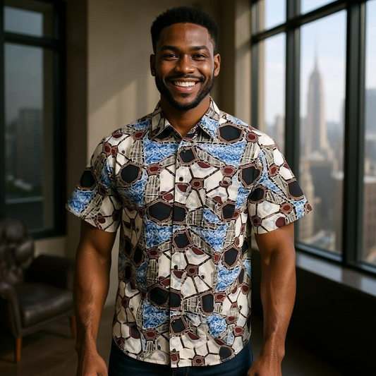 Men's Black/Blue/Maroon Print Short Sleeve Button Down Shirt (3XL)