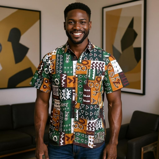 Men's Green/Maroon/White Print Short Sleeve Button Down Shirt (L)