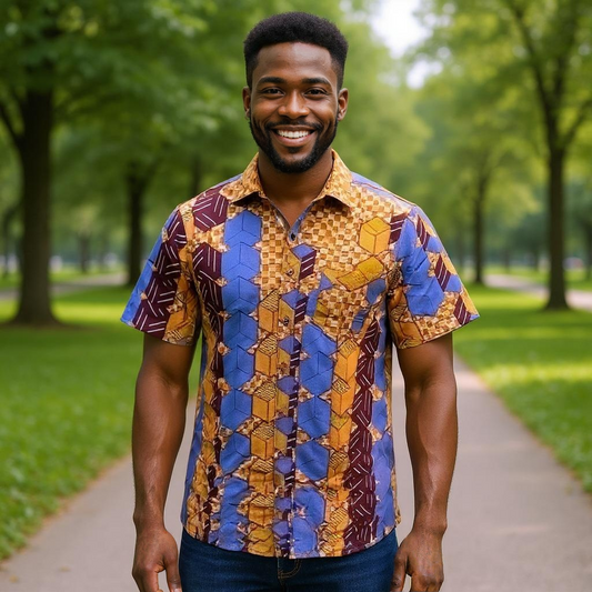 Men's Blue/Maroon Print Short Sleeve Button Down Shirt (M)