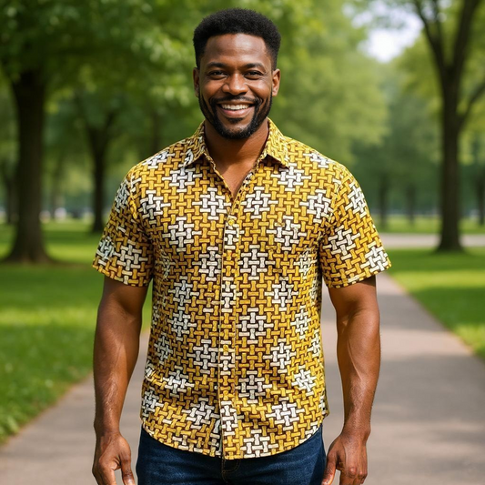 Men's Yellow/White Print Short Sleeve Button Down Shirt (XL)