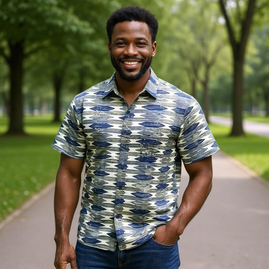 Men's Blue/Gold Print Short Sleeve Button Down Shirt (XXL)