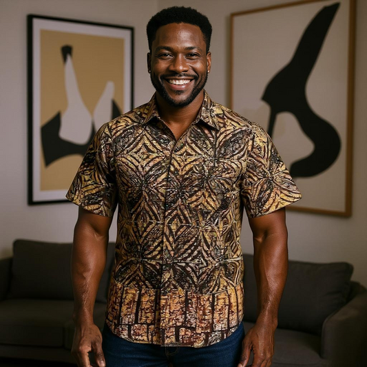 Men's Black/Brown Print Short Sleeve Button Down Shirt (M)