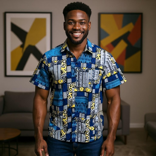 Men's Blue Multi-Tone/Yellow Print Short Sleeve Button Down Shirt (XXL)