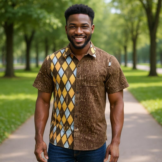 Men's Brown/Orange/Blue Print Short Sleeve Button Down Shirt