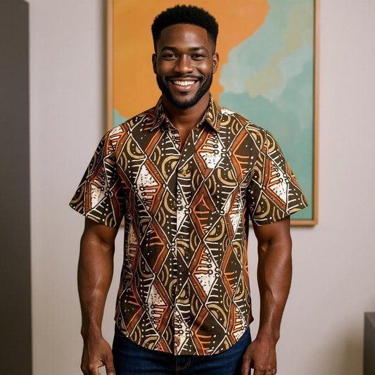 Men's Brown/Orange/White Print Short Sleeve Button Down Shirt (M)