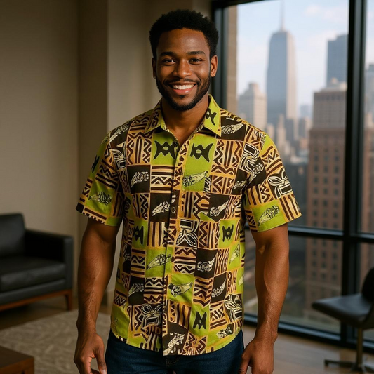 Men's Olive/Orange/Black Print Short Sleeve Button Down Shirt (3XL)