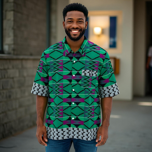 Men's Royal Green/Black/Purple African Print Kente Shirt (Large)