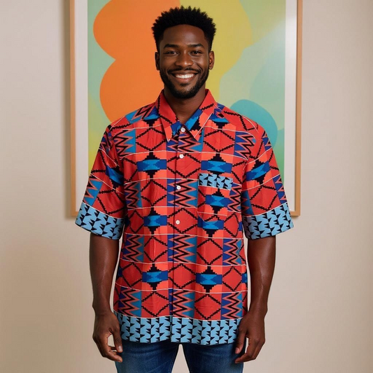 Men's Red/Black/Aqua/Blue/Fuchsia African Print Kente Shirt
