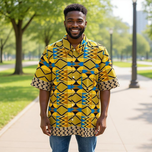 Men's Yellow/Black/Teal/Gold African Print Kente Shirt (XL)