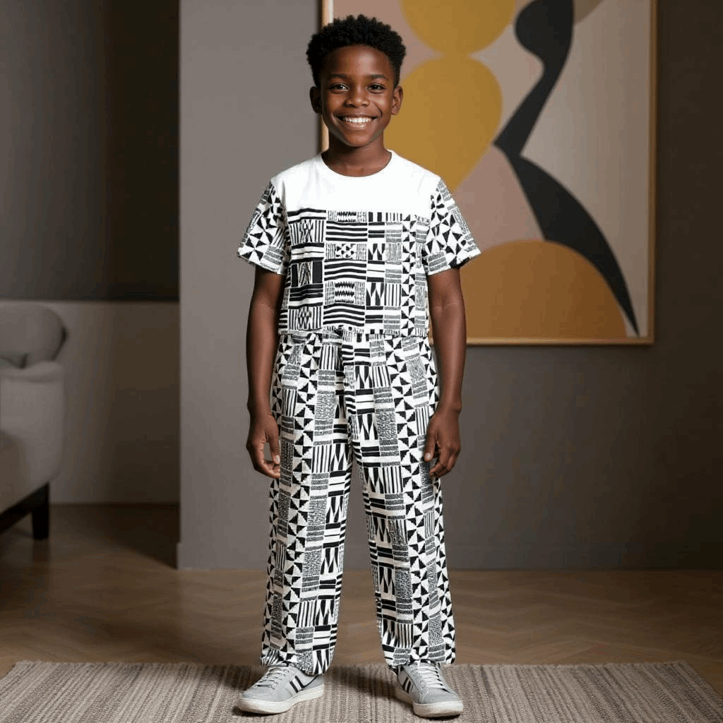 Boy's African Print White/Black Set