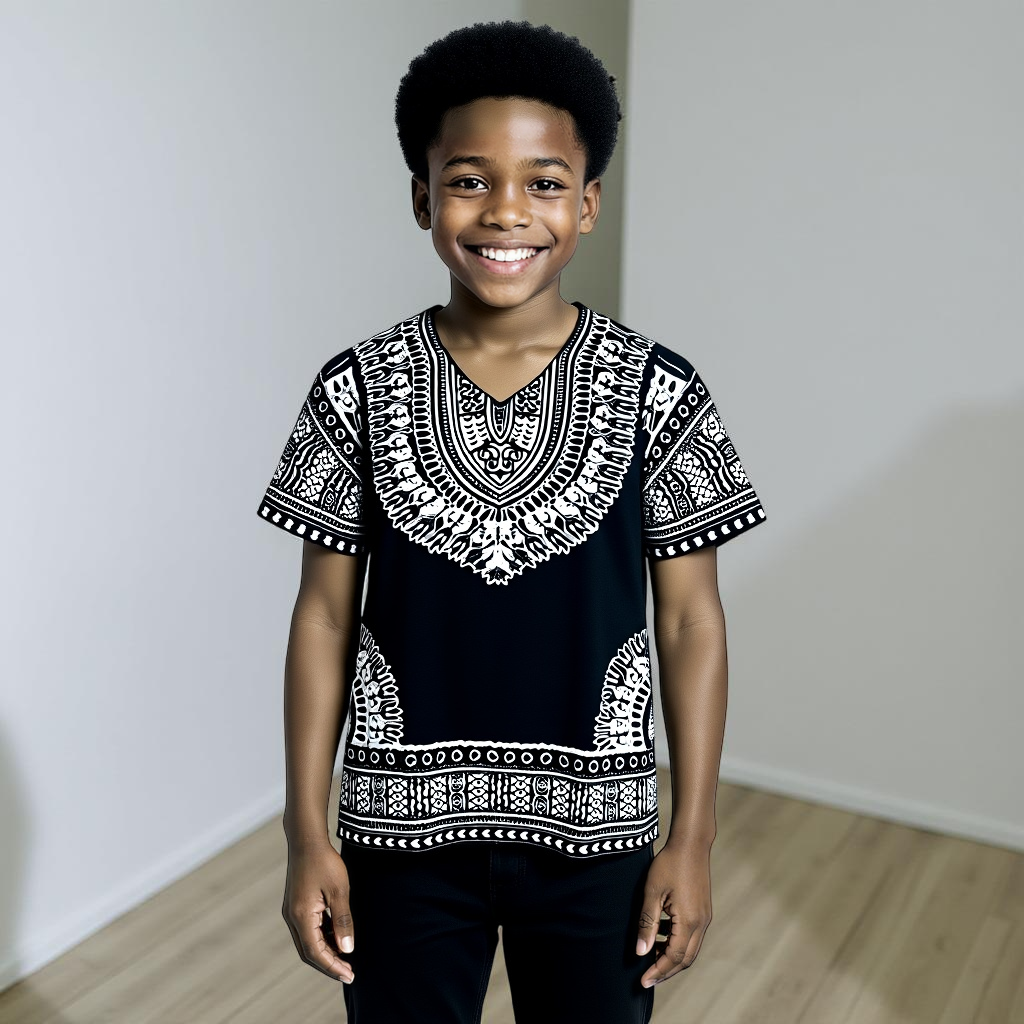 Kids Black/White African Print Dashiki Top (10T)