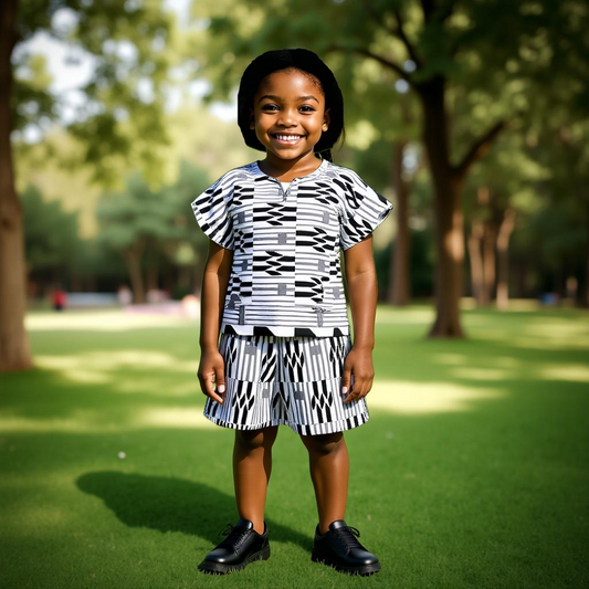 Kids Black/White Print Dashiki Shorts Set