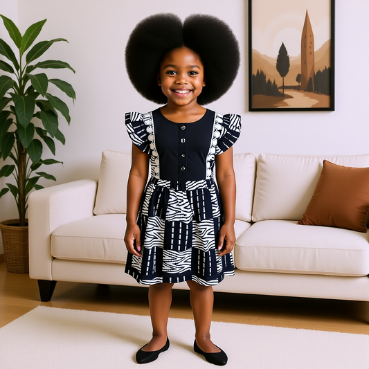 Girls Black/White African Print Dress (2T)