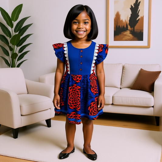 Girls Red/Blue Floral African Print Dress