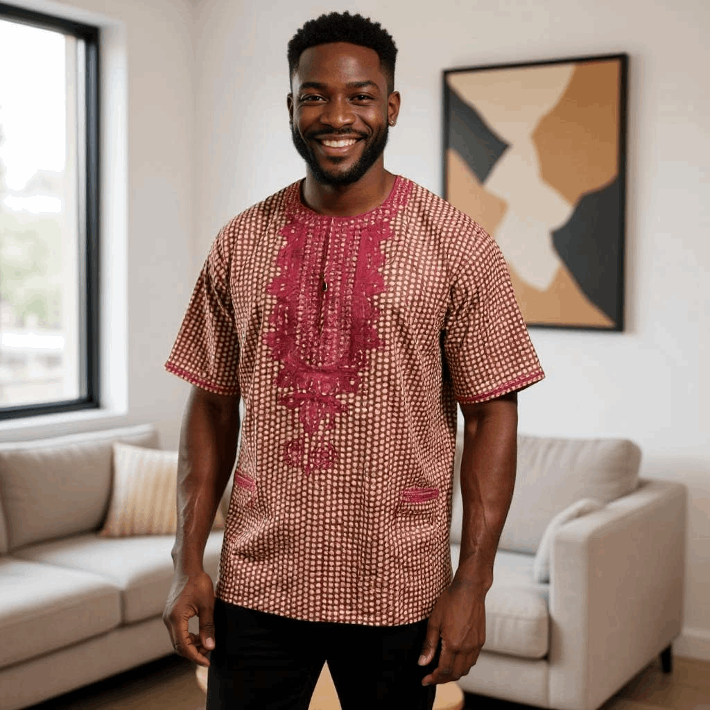 African Maroon, Cream Print Gambia Dashiki Shirt
