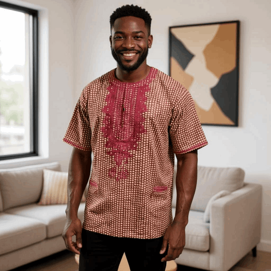 African Maroon, Cream Print Gambia Dashiki Shirt