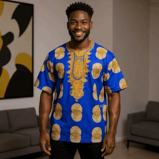 African Royal Blue, Gold Circular Print Gambia Dashiki Shirt