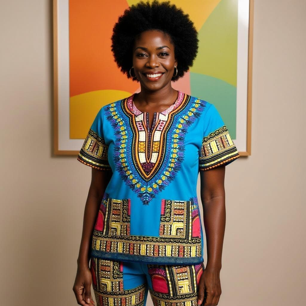 Traditional Print Light Blue/Pink Unisex Dashiki Shirt (XL)