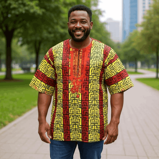 African Red, Yellow Print Gambia Dashiki Shirt