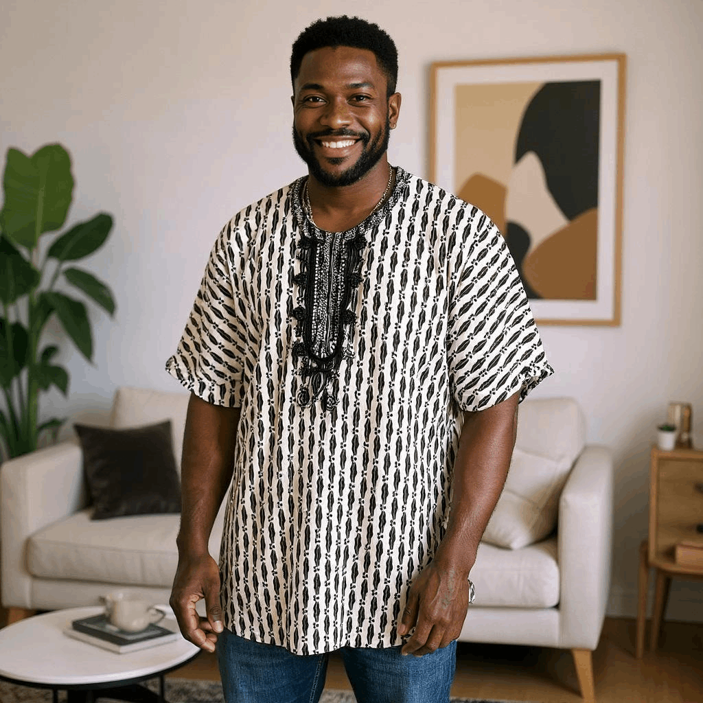 African Black, White Print Gambia Dashiki Shirt