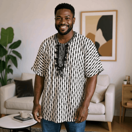 African Black, White Print Gambia Dashiki Shirt