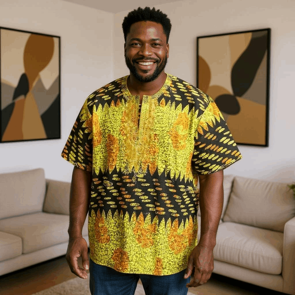 African Yellow, Black, Orange Print Gambia Dashiki Shirt