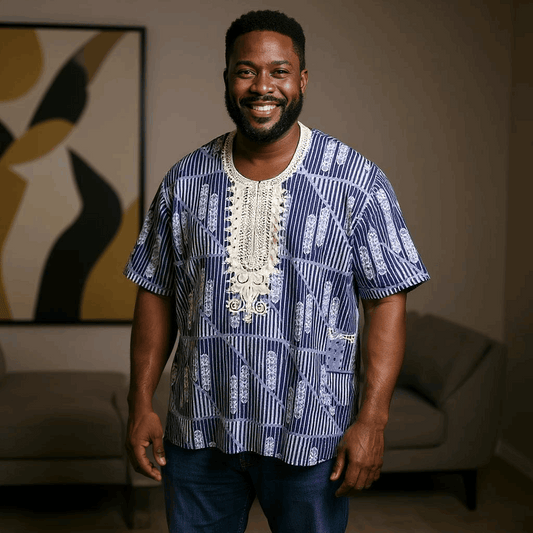 African Blue, White Print Gambia Dashiki Shirt