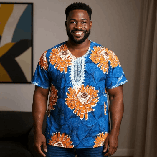African Royal Blue, Orange Floral Print Gambia Dashiki Shirt