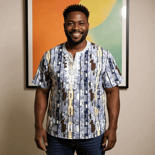 African Grey, Brown, Navy, Cream Print Gambia Dashiki Shirt