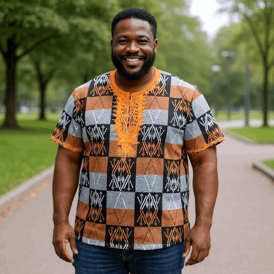 African Orange Black, White Checkered Print Gambia Dashiki Shirt