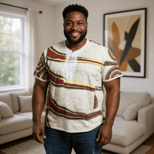 African Cream, Red Print Gambia Dashiki Shirt