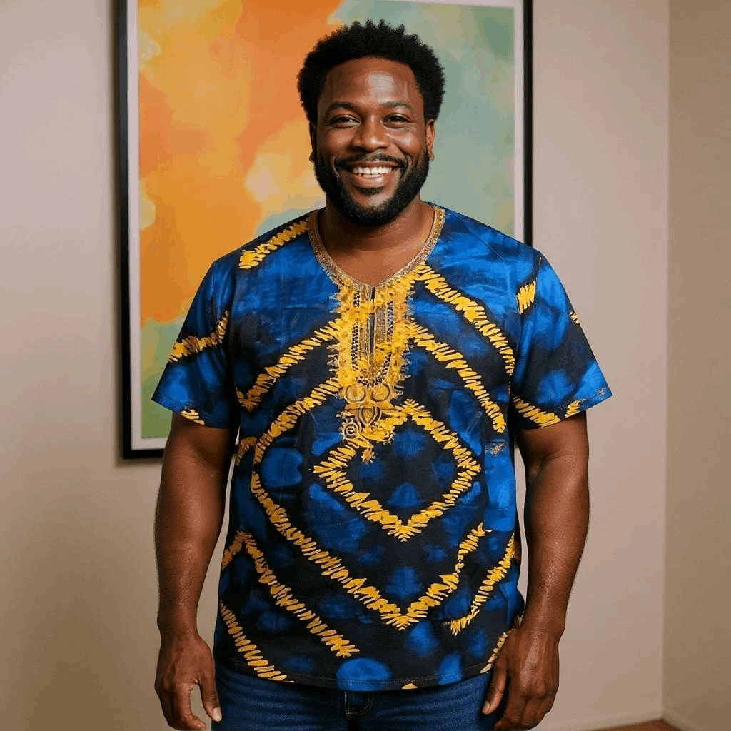 African Deep Blue Tie Die Print Gambia Dashiki Shirt