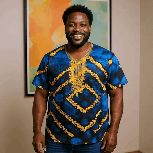 African Deep Blue Tie Die Print Gambia Dashiki Shirt