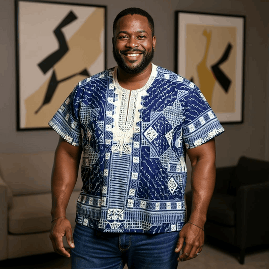 African Navy Blue, Cream Print Gambia Dashiki Shirt