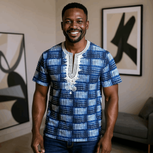 African Indigo, White Print Gambia Dashiki Shirt