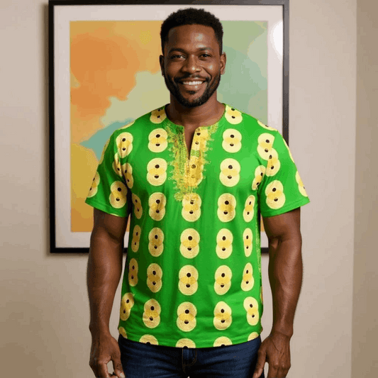 African Green, Yellow Print Gambia Dashiki Shirt