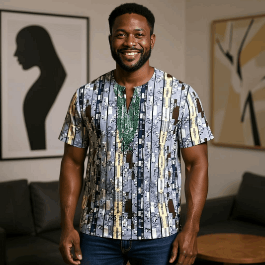 African Vertical Stripe Patchwork Print Gambia Dashiki Shirt