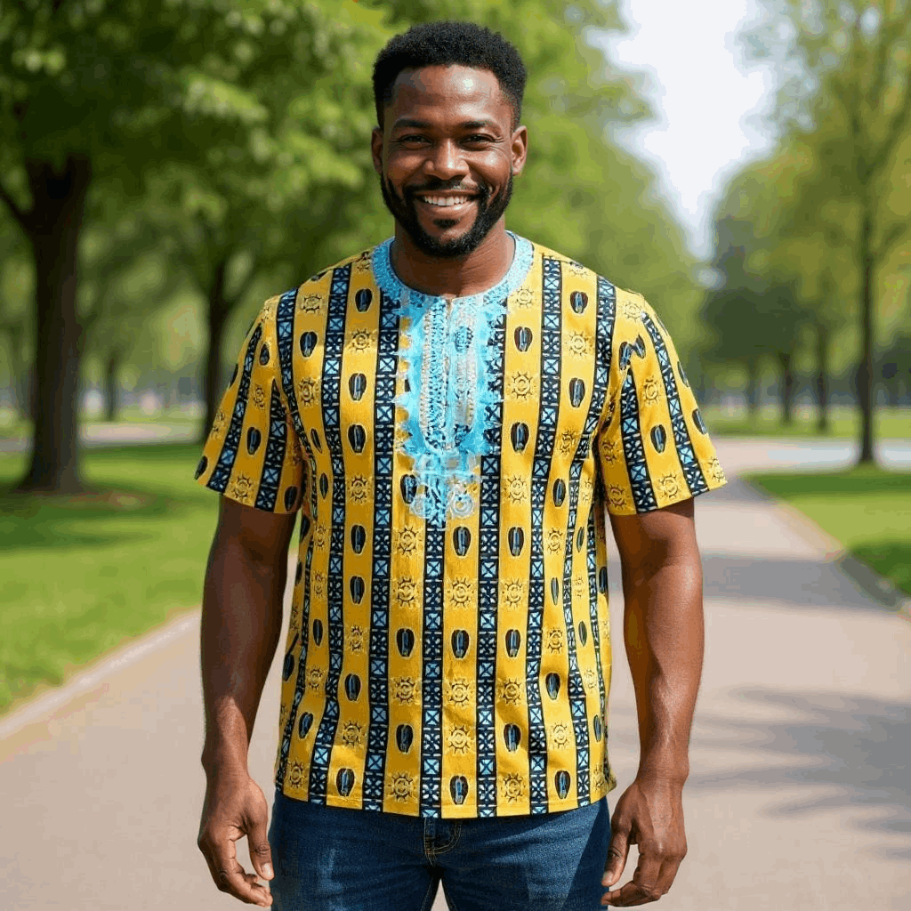 African Golden Mustard Yellow, Blue Print Gambia Dashiki Shirt