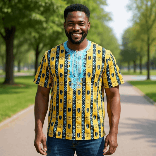 African Golden Mustard Yellow, Blue Print Gambia Dashiki Shirt