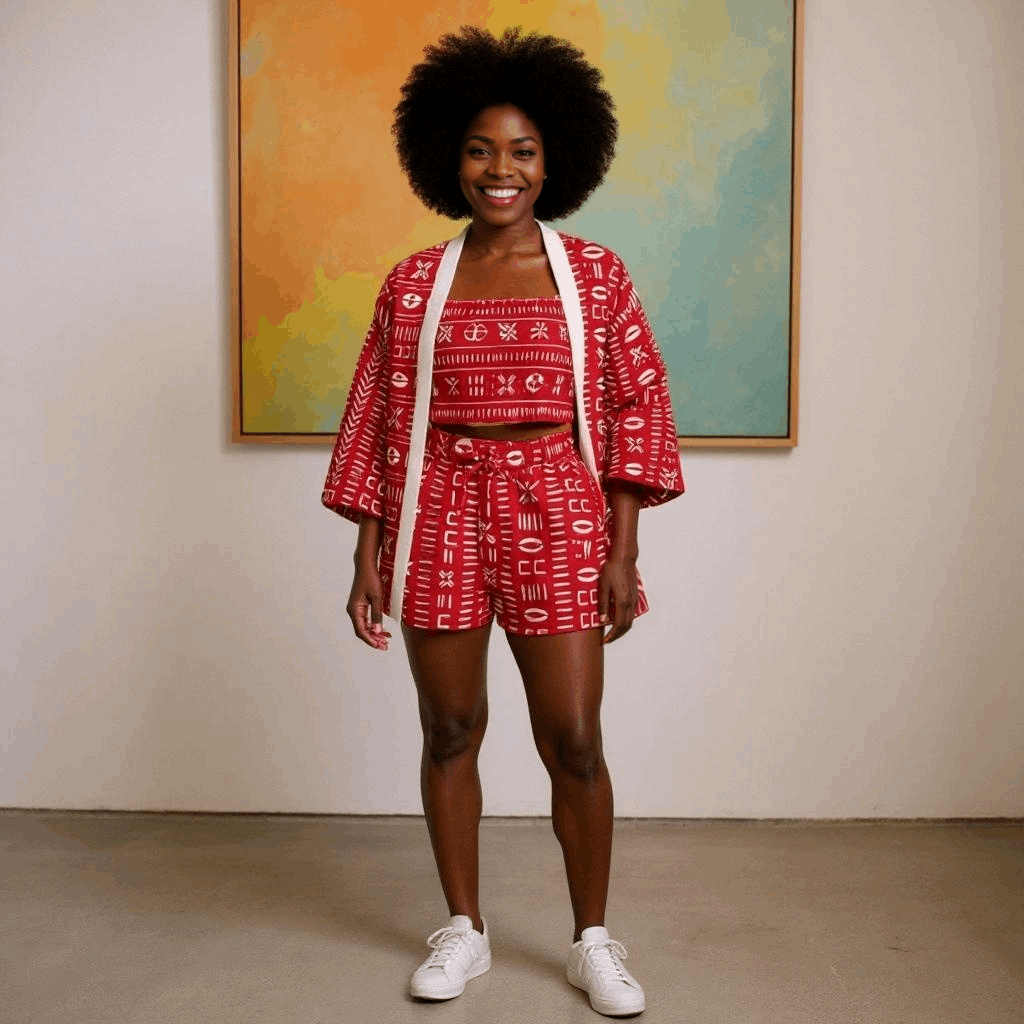 African Print Kimono, Top, and Shorts Set