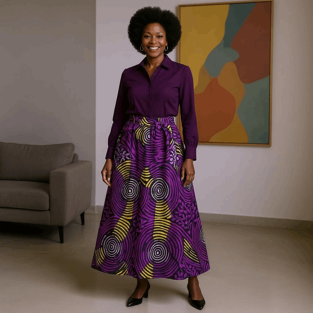 Bold African Purple, Yellow, Black Print Long Skirt