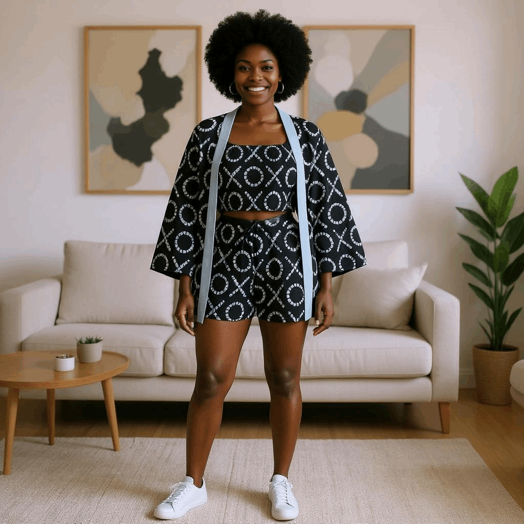 African Print Kimono, Top, and Shorts Set