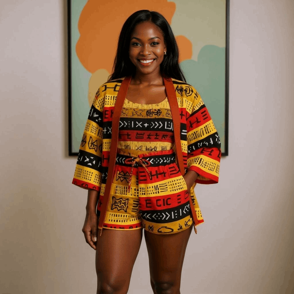 African Print Kimono, Top, and Shorts Set