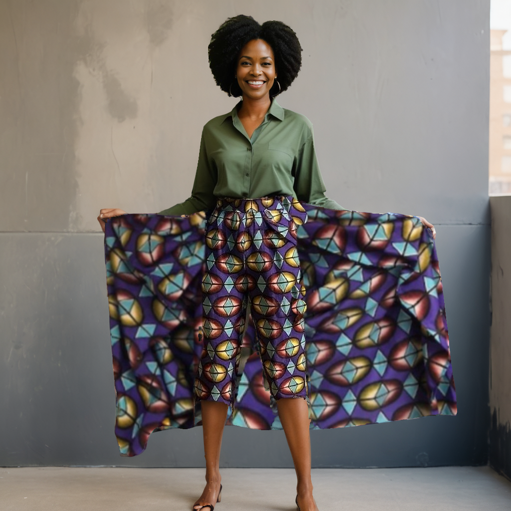 African Wax Purple Print Caped Capri Pants